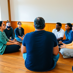 A diverse group of individuals, including adults and young adults, are actively participating in a restorative justice circle. They are seated in a bright, inviting community hall, bathed in warm, natural light. Participants are engaged in empathetic dialogue, exhibiting expressions of understanding and active listening. All subjects are fully clothed in modest, appropriate attire, suitable for a community gathering. The atmosphere is calm, hopeful, and focused on resolution and connection. Perfect anatomy, correct proportions, natural poses, well-formed hands, proper finger count. Professional photography, high quality, safe for work, appropriate content, family-friendly.
