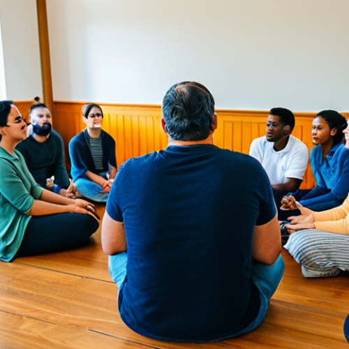 Home 11 A diverse group of individuals, including adults and young adults, are actively participating in a restorative justice circle. They are seated in a bright, inviting community hall, bathed in warm, natural light. Participants are engaged in empathetic dialogue, exhibiting expressions of understanding and active listening. All subjects are fully clothed in modest, appropriate attire, suitable for a community gathering. The atmosphere is calm, hopeful, and focused on resolution and connection. Perfect anatomy, correct proportions, natural poses, well-formed hands, proper finger count. Professional photography, high quality, safe for work, appropriate content, family-friendly.