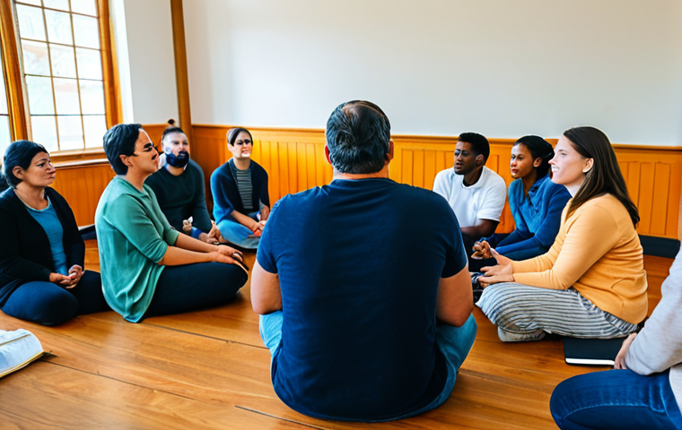 A diverse group of individuals, including adults and young adults, are actively participating in a restorative justice circle. They are seated in a bright, inviting community hall, bathed in warm, natural light. Participants are engaged in empathetic dialogue, exhibiting expressions of understanding and active listening. All subjects are fully clothed in modest, appropriate attire, suitable for a community gathering. The atmosphere is calm, hopeful, and focused on resolution and connection. Perfect anatomy, correct proportions, natural poses, well-formed hands, proper finger count. Professional photography, high quality, safe for work, appropriate content, family-friendly.
