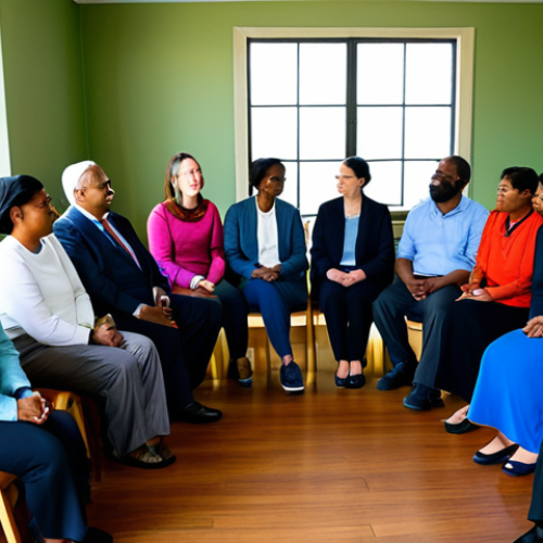 A diverse group of professional adults, including a male and female facilitator, and several men and women representing community members and affected parties, are seated in a peaceful, sunlit community center room. They are arranged in a large, inclusive circle, engaged in open and respectful dialogue. All individuals are fully clothed in modest, professional attire, displaying expressions of active listening, empathy, and understanding. The scene highlights connection and shared purpose. Perfect anatomy, correct proportions, natural poses, well-formed hands, proper finger count, natural body proportions. High-resolution, professional photography, soft lighting, vibrant colors, safe for work, appropriate content, fully clothed, professional, family-friendly.
