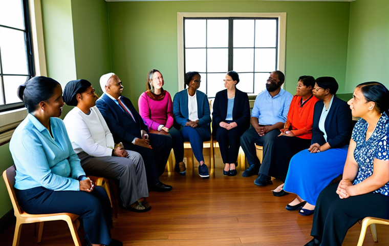 A diverse group of professional adults, including a male and female facilitator, and several men and women representing community members and affected parties, are seated in a peaceful, sunlit community center room. They are arranged in a large, inclusive circle, engaged in open and respectful dialogue. All individuals are fully clothed in modest, professional attire, displaying expressions of active listening, empathy, and understanding. The scene highlights connection and shared purpose. Perfect anatomy, correct proportions, natural poses, well-formed hands, proper finger count, natural body proportions. High-resolution, professional photography, soft lighting, vibrant colors, safe for work, appropriate content, fully clothed, professional, family-friendly.