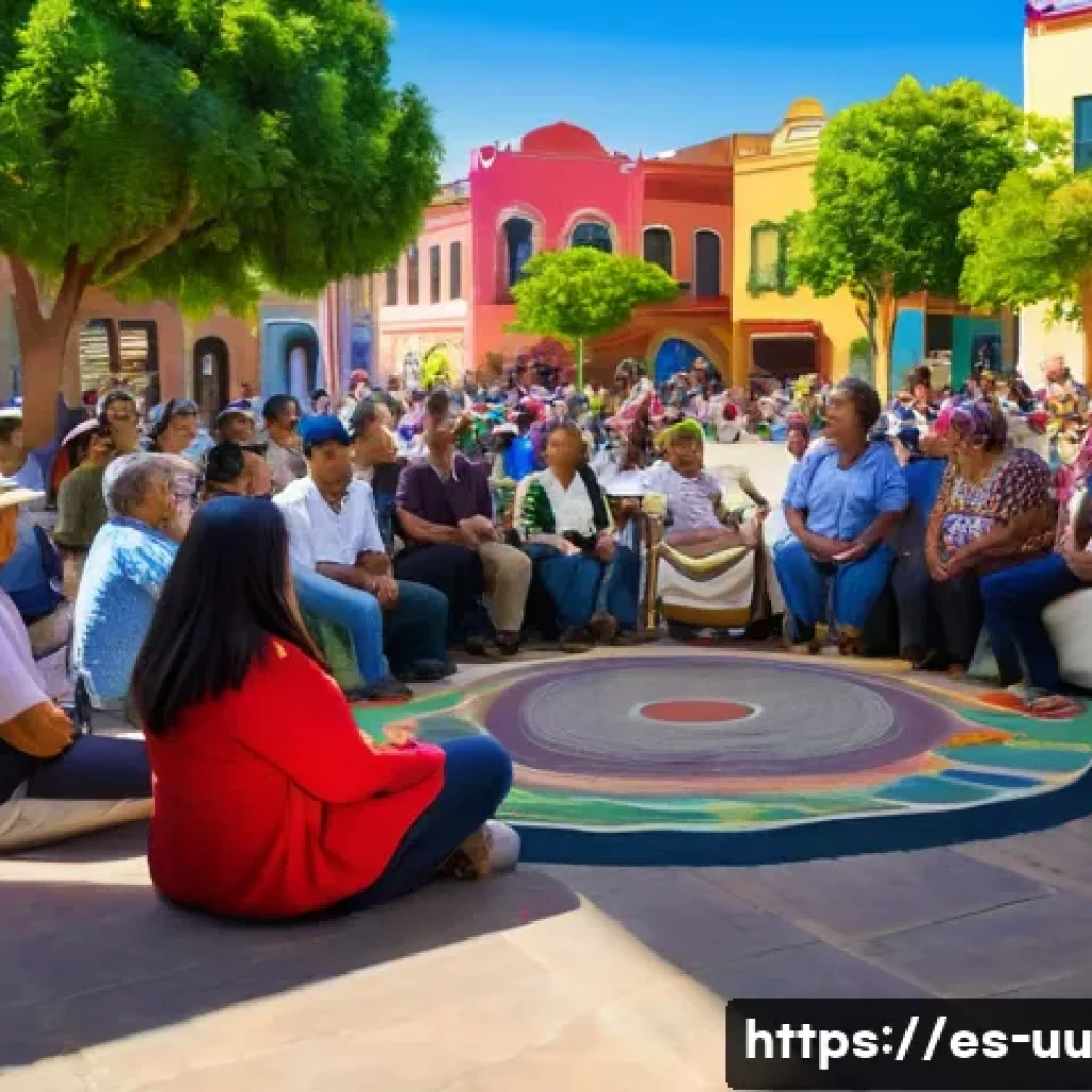 회복적 정의를 통한 범죄 피해 복구 방법 - A diverse group of community members gathered in a sunny, open-air plaza in a vibrant Latin American...