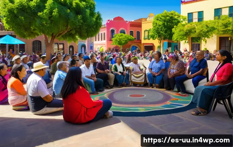 회복적 정의를 통한 범죄 피해 복구 방법 - A diverse group of community members gathered in a sunny, open-air plaza in a vibrant Latin American...