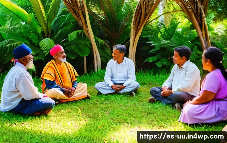 회복적 정의와 종교적 가치의 상관관계 - A serene community circle in a rural Latin American village during a restorative justice ritual, fea...