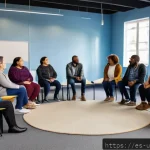 Home 20 회복적 정의를 통한 갈등 해소 기법 - A diverse group of adults seated in a warm, inviting community center arranged in a circle, engaged ...