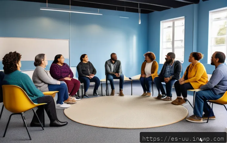 회복적 정의를 통한 갈등 해소 기법 - A diverse group of adults seated in a warm, inviting community center arranged in a circle, engaged ...