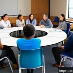 Home 18 회복적 정의와 성인 교육의 만남 - A diverse group of adult learners seated in a bright, modern classroom arranged in a large circle, e...