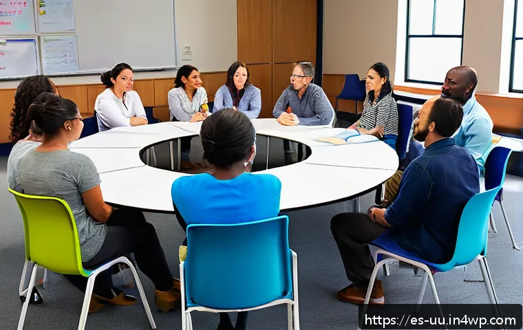 회복적 정의와 성인 교육의 만남 - A diverse group of adult learners seated in a bright, modern classroom arranged in a large circle, e...