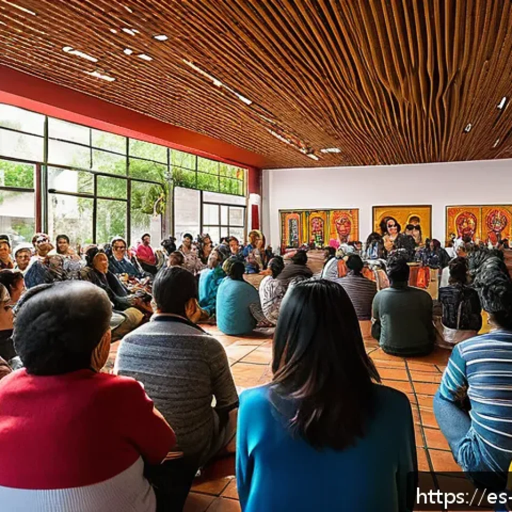 회복적 정의의 사회적 인식 증진 방안 - A vibrant community meeting in a public cultural center in Mexico City, with diverse local residents...
