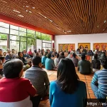 Home 23 회복적 정의의 사회적 인식 증진 방안 - A vibrant community meeting in a public cultural center in Mexico City, with diverse local residents...