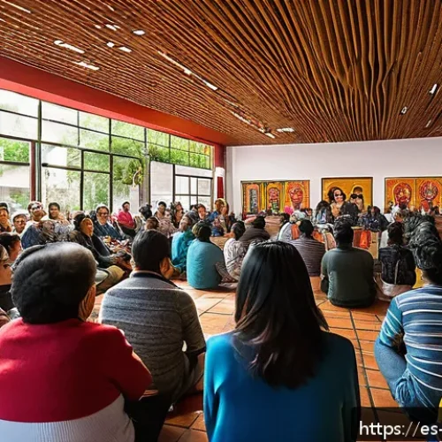 Home 17 회복적 정의의 사회적 인식 증진 방안 - A vibrant community meeting in a public cultural center in Mexico City, with diverse local residents...