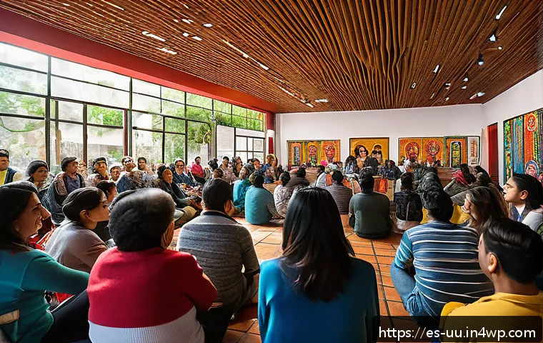 회복적 정의의 사회적 인식 증진 방안 - A vibrant community meeting in a public cultural center in Mexico City, with diverse local residents...