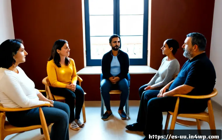 회복적 정의와 정신 건강 치료의 연관성 - Photorealistic restorative justice counseling circle in a warm community center in Madrid, Spanish-s...